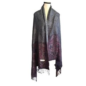 Paisley Pashmina Scarf Wrap 72” Burgundy Gray Fringed Shawl